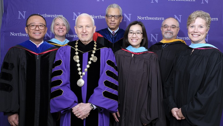 President Morton Schapiro, and Eugene Lowe along with recipients of the 2018 Distinguished Secondary School Teaching Award, and Esther Wu.