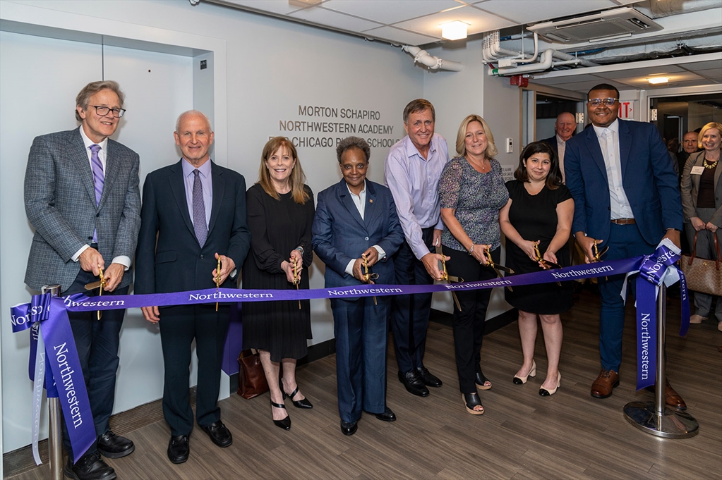 Dan McAdams, President Morton Schapiro; Mimi Schapiro; Chicago Mayor Lori Lightfoot; benefactors John and Laura Potocsnak; Cassandra Salgado, Ernest Willingham