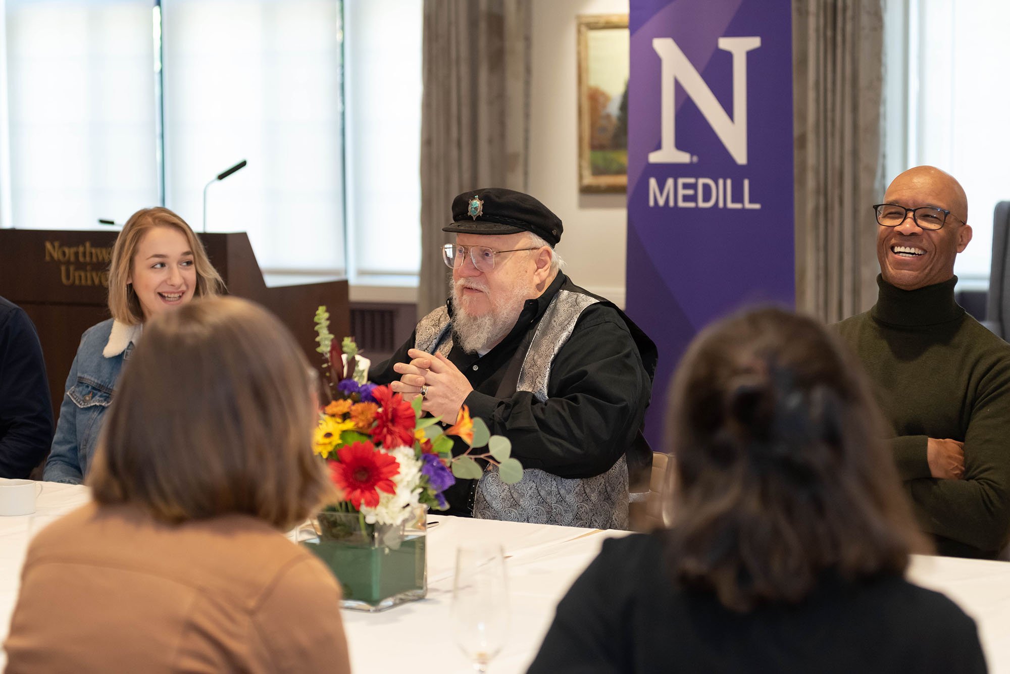 Northwestern alumnus George R.R. Martin with students