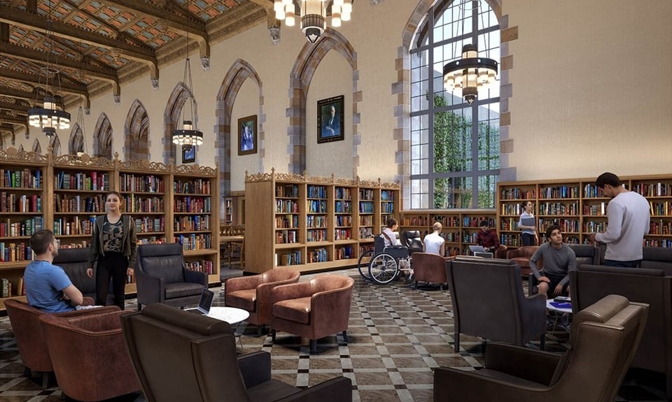 Deering Library interior with students studying