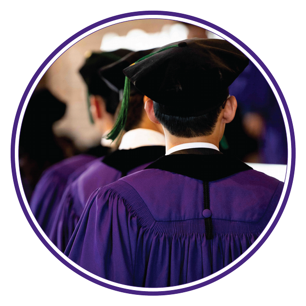 Purple circle with student in Northwestern cap and gown